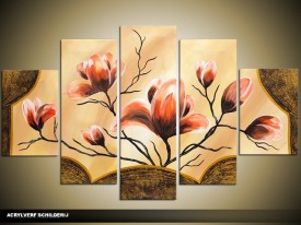 Acryl Schilderij Magnolia | Oranje, Bruin, Crème | 100x60cm 5Luik Handgeschilderd