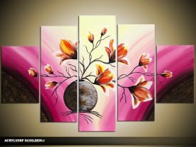 Acryl Schilderij Bloem | Roze, Geel | 100x60cm 5Luik Handgeschilderd