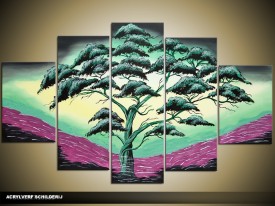 Acryl Schilderij Boom | Groen, Paars, Geel | 100x60cm 5Luik Handgeschilderd