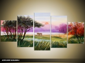 Acryl Schilderij Natuur | Paars, Groen, Geel | 150x70cm 5Luik Handgeschilderd