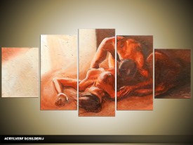 Acryl Schilderij Kunst, Sexy | Bruin, Crème | 150x70cm 5Luik Handgeschilderd