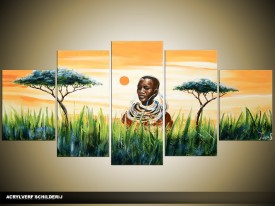 Acryl Schilderij Afrika | Groen, Geel, Oranje | 150x70cm 5Luik Handgeschilderd