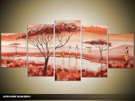 Acryl Schilderij Natuur | Bruin, Rood, Crème | 150x70cm 5Luik Handgeschilderd