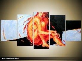 Acryl Schilderij Modern | Oranje, Blauw, Zwart | 150x70cm 5Luik Handgeschilderd