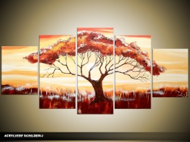 Acryl Schilderij Boom | Rood, Bruin, Crème | 150x70cm 5Luik Handgeschilderd