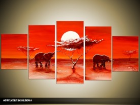 Acryl Schilderij Olifant | Rood | 150x70cm 5Luik Handgeschilderd