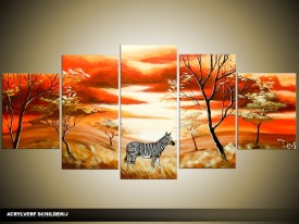 Acryl Schilderij Natuur | Rood, Crème, Bruin | 150x70cm 5Luik Handgeschilderd