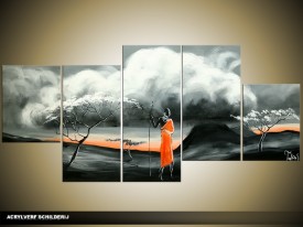 Acryl Schilderij Natuur | Rood, Oranje, Grijs | 150x70cm 5Luik Handgeschilderd