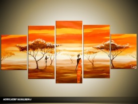 Acryl Schilderij Natuur | Oranje, Geel, Bruin | 150x70cm 5Luik Handgeschilderd