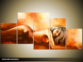 Acryl Schilderij Kunst, Sexy | Oranje, Bruin, Crème | 150x70cm 5Luik Handgeschilderd
