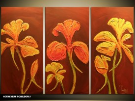 Acryl Schilderij Bloemen | Bruin, Geel | 120x80cm 3Luik Handgeschilderd