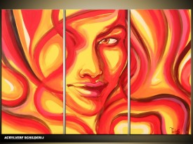 Acryl Schilderij Vrouw | Rood, Geel | 120x80cm 3Luik Handgeschilderd