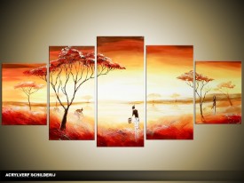 Acryl Schilderij Natuur | Rood, Geel, Oranje | 150x70cm 5Luik Handgeschilderd