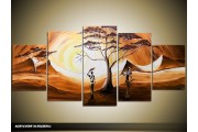 Acryl Schilderij Zonsondergang | Bruin, Geel, Crème | 150x70cm 5Luik Handgeschilderd
