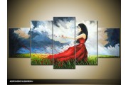 Acryl Schilderij Modern | Grijs, Rood | 150x70cm 5Luik Handgeschilderd
