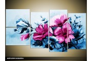 Acryl Schilderij Bloemen | Blauw, Roze | 130x70cm 5Luik Handgeschilderd