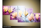 Acryl Schilderij Magnolia | Paars, Blauw, Geel | 150x70cm 5Luik Handgeschilderd