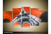 Acryl Schilderij Eiffeltoren | Rood, Oranje, Grijs | 150x70cm 5Luik Handgeschilderd