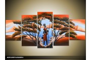 Acryl Schilderij Afrika | Blauw, Oranje, Bruin | 150x70cm 5Luik Handgeschilderd