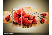 Acryl Schilderij Klaproos | Rood, Crème, Bruin | 150x70cm 5Luik Handgeschilderd