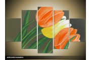 Acryl Schilderij Tulp | Grijs, Oranje, Groen | 100x60cm 5Luik Handgeschilderd