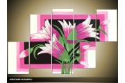 Acryl Schilderij Modern | Roze, Groen, Zwart | 100x60cm 5Luik Handgeschilderd