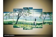 Acryl Schilderij Natuur | Groen, Blauw | 150x70cm 5Luik Handgeschilderd