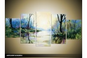 Acryl Schilderij Natuur | Blauw, Groen, Crème | 150x70cm 5Luik Handgeschilderd