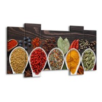 Canvas Schilderij Kruiden, Keuken | Bruin, Rood, Geel | 120x65cm 5Luik